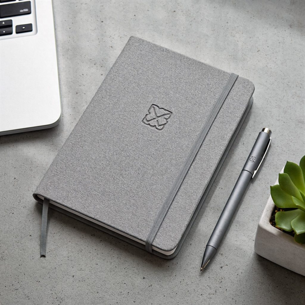 Professional flat-lay of a grey textured notebook with a debossed logo paired with a matching matte grey metal pen featuring pad-printed branding.